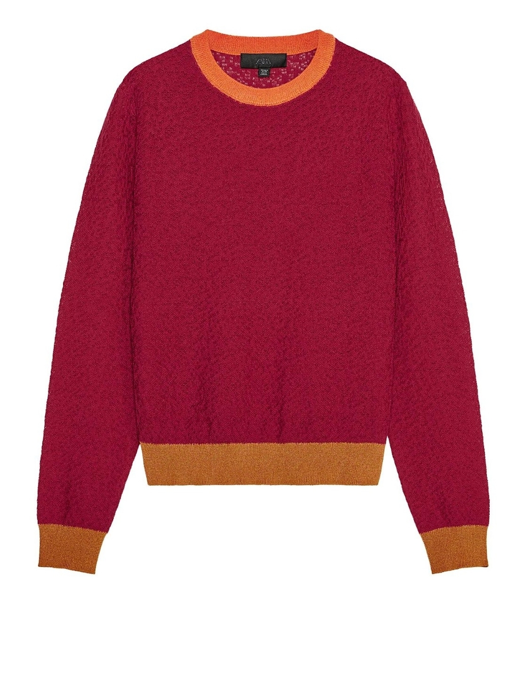 Zara Burgundy Crewneck Sweater with Orange Trim